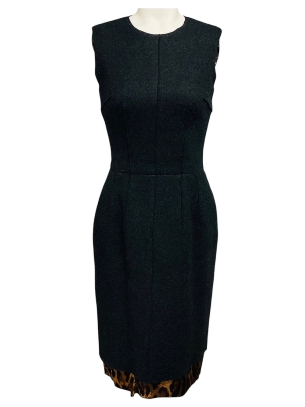 DOLCE & GABBANA CHARCOAL GREY SLEEVELESS WOOL MIDI DRESS WITH LEOPARD PRINT HEM